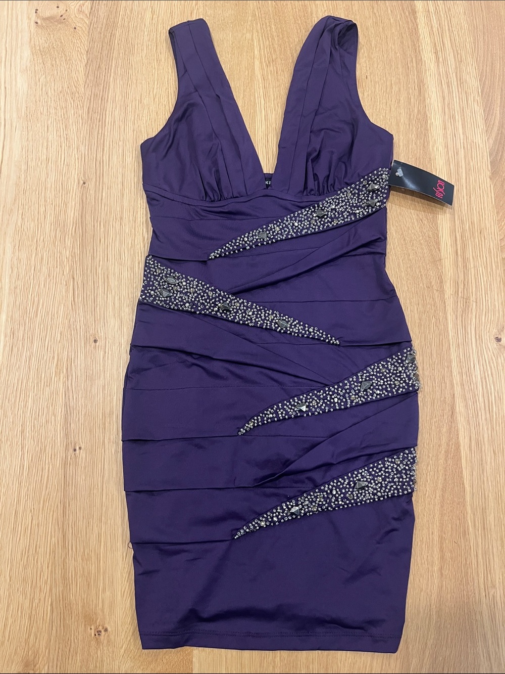 Nikibiki Clothing Purple Beaded Plunge Mini Dress